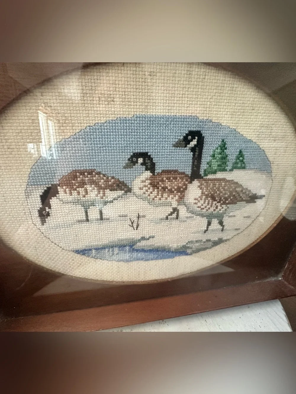 Vintage 1986 The Creative Circle Canada Geese Wood Serving Tray Cross Stitch